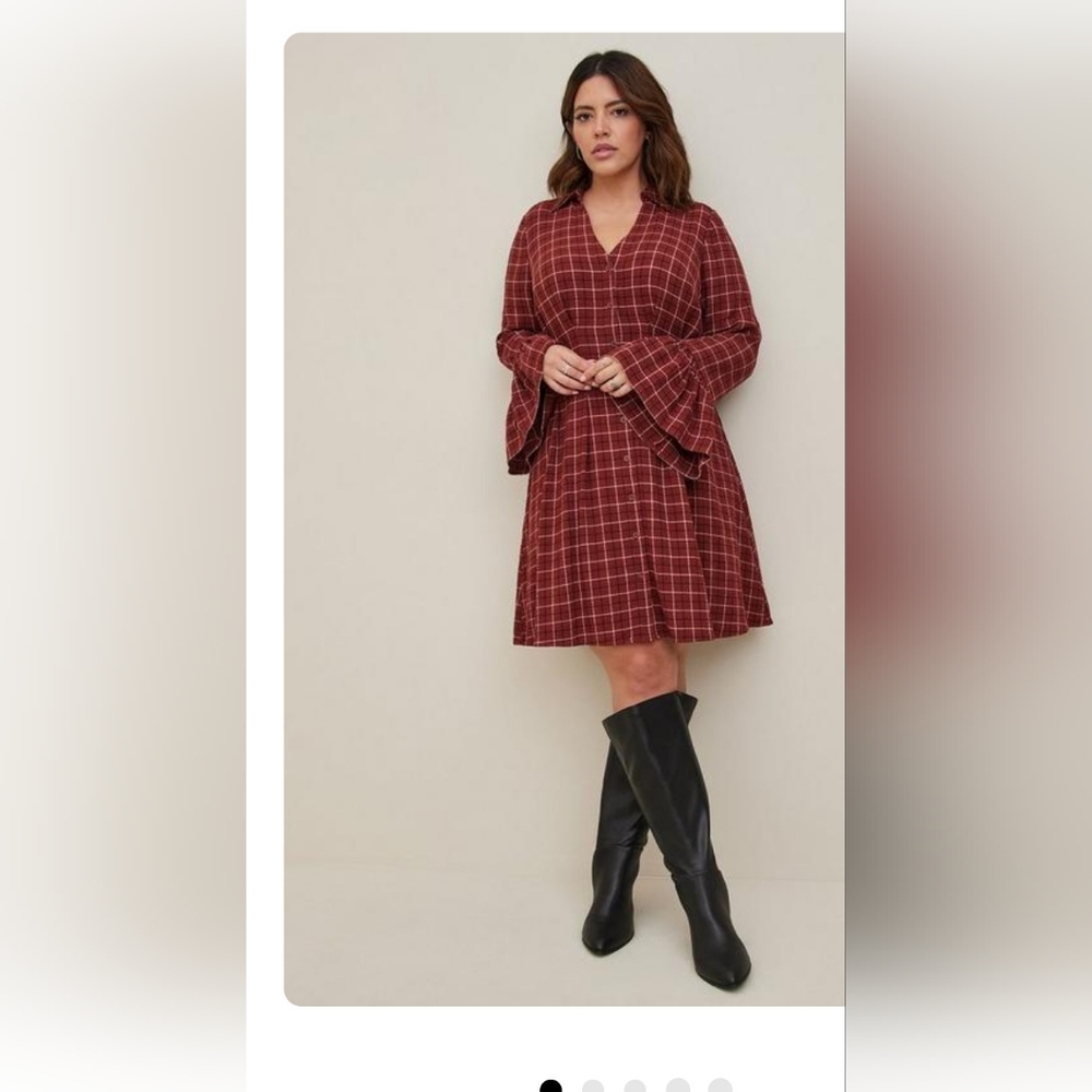 Torrid Mini Gauze Bell Sleeve Shirtdress Women's Burgundy Plaid Babydoll Retro